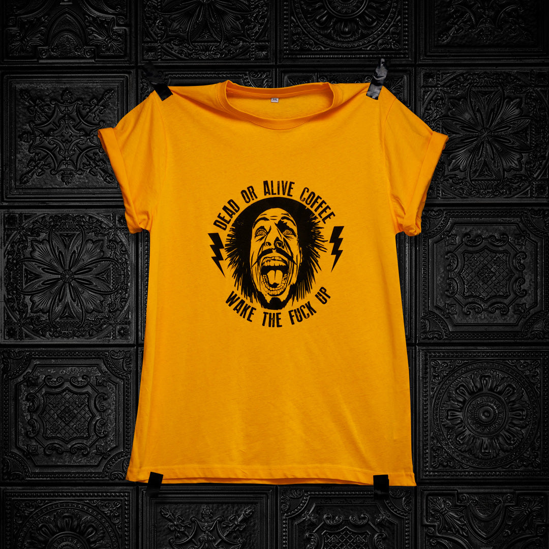 DEAD OR ALIVE COFFEE T-SHIRT "WAKE THE FUCK UP"