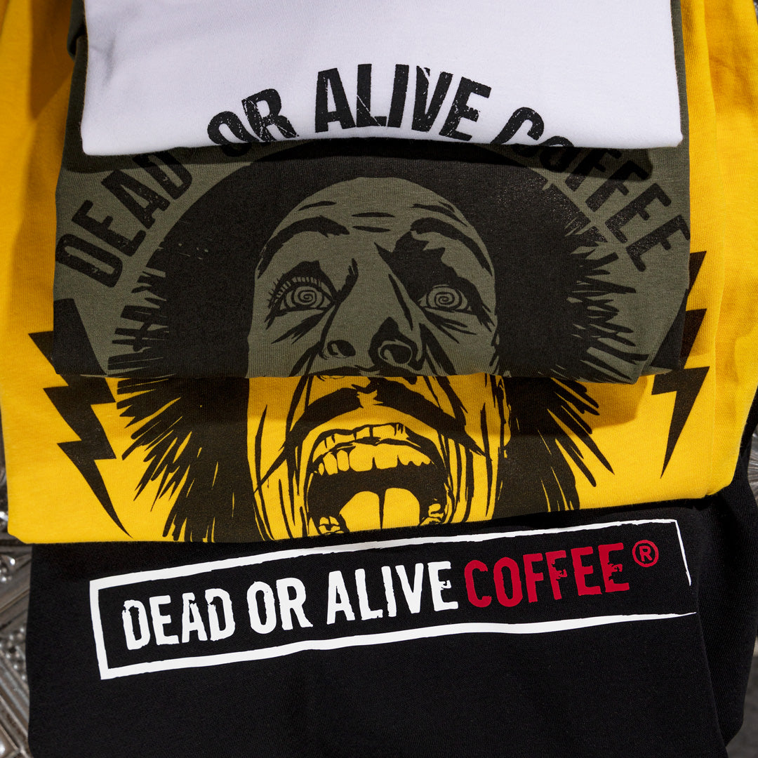 DEAD OR ALIVE COFFEE T-SHIRT "WAKE THE FUCK UP"