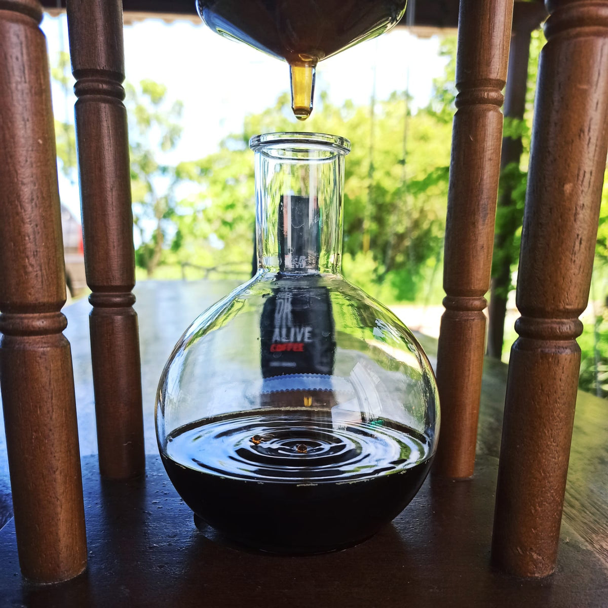 Cold Brew Kaffee tropft durch einen gläsernen Kaffeebereiter