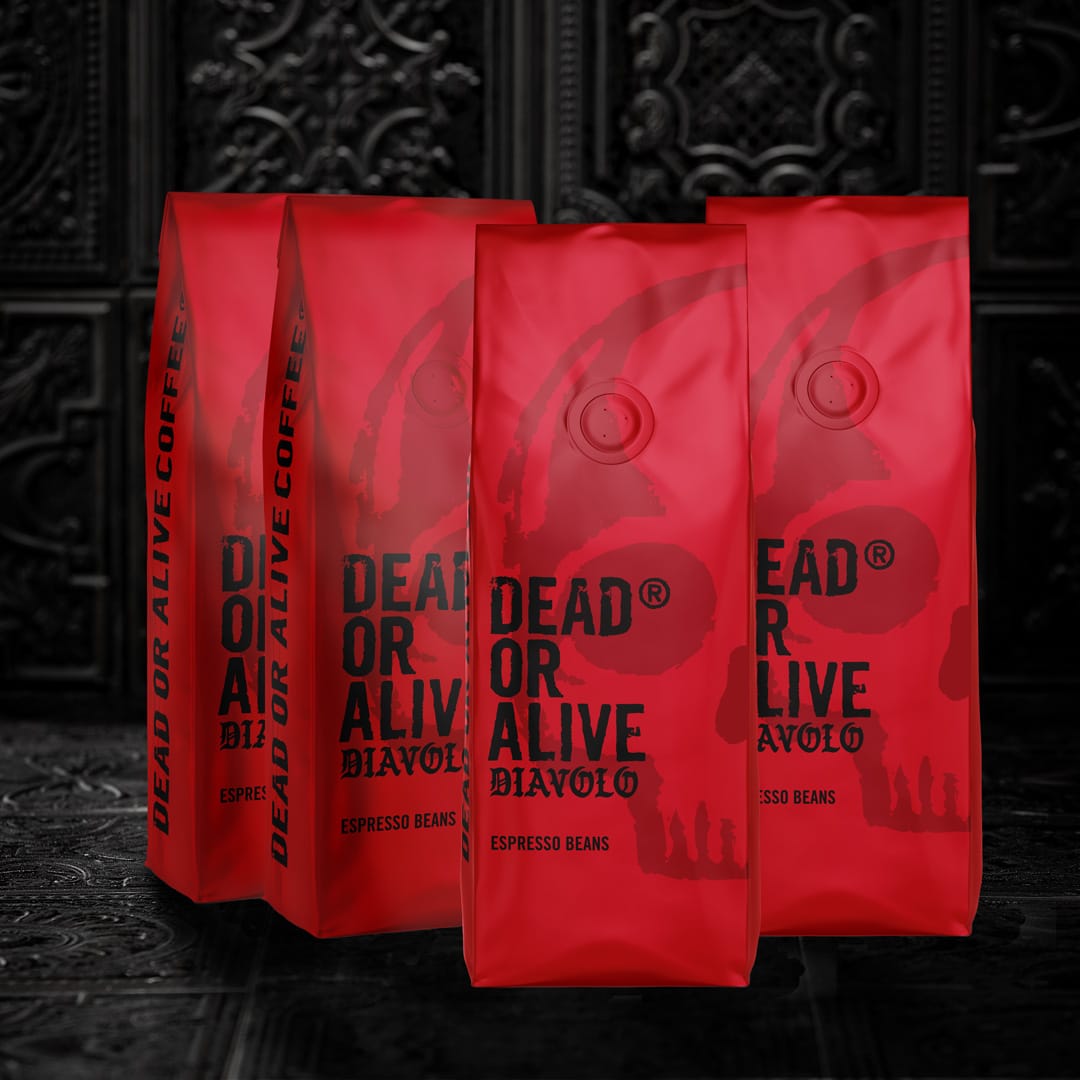 Vier Packungen DIAVOLO – starker Robusta Kaffee von DEAD OR ALIVE